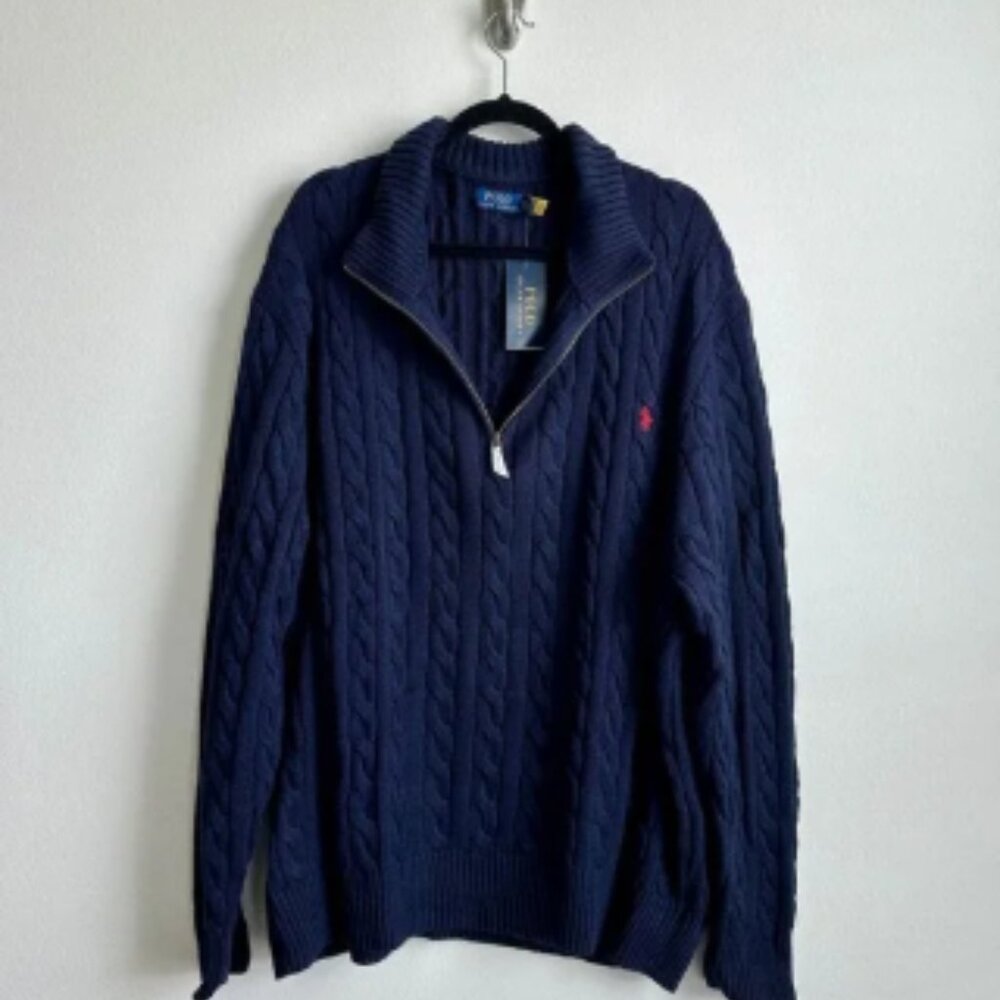 Polo Ralph Lauren Sweater Mens 4XL Navy Blue Cable Knit Half Zip Pullover NWT